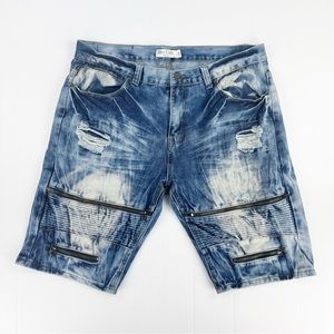 Blue Cult Distressed Acid Washed Moto Zip Denim Jean Shorts